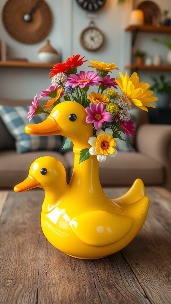 Duck-Shaped Vase Crafting Recipe A cheerful duck-shaped vase filled with flowers on a wooden table in a cozy living room.